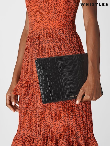 Whistles Black Medium Shiny Croc Effect Clutch Bag (C42393) | kr985