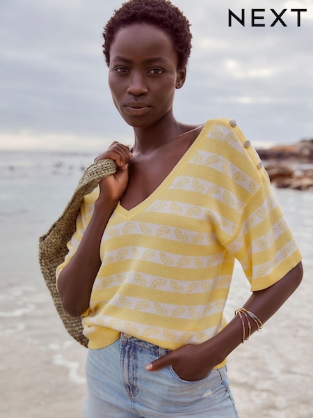 Yellow Lemons V-Neck Gem Button Linen T-Shirt (C42492) | €10