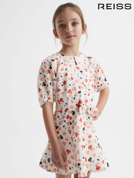 Reiss Ivory Print Freeda 4-9 yrs Heart Print Linen Mini Dress (C43466) | 544 QAR
