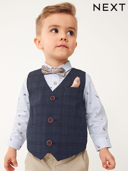 Navy Blue Check Waistcoat Set With Shirt And Bow Tie (3mths-7yrs) (C43697) | €47 - €53