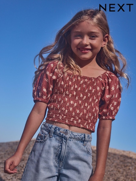 Cinnamon Brown Ditsy Printed Shirred Blouse (3-16yrs) (C43958) | €7 - €10