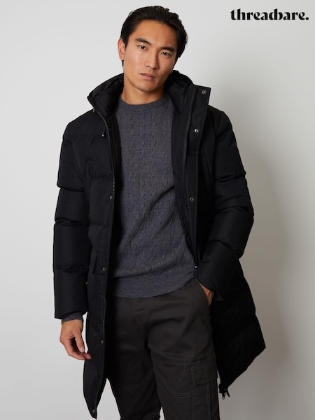 Threadbare Black Luxe Showerproof Longline Hooded Padded Coat (C44128) | €83
