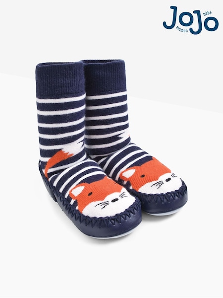 JoJo Maman Bébé Navy Blue Ecru Cream Stripe Moccasin Slipper Socks (C44571) | €20