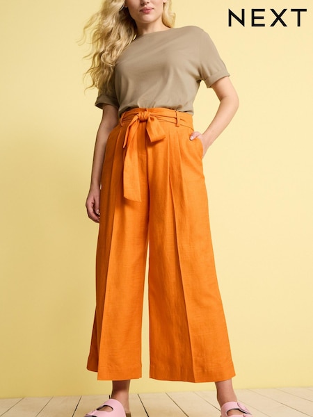 Orange Linen Blend Tie Waist Crop Trousers (C44953) | €21.50