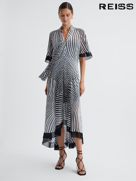 Reiss Black/White Anaya Check Removable Neck Tie Midi Dress (C45207) | €135