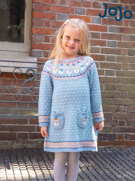 JoJo Maman Bébé Blue Snowman Fairisle Pattern Knitted Dress (C45764) | €51