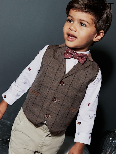 Tan Brown Check Waistcoat, Shirt & Bow Tie Set (3mths-7yrs) (C45822) | €16.50 - €17.50