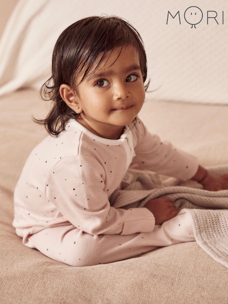 Roz cu buline Polka - MORI Organic Cotton & Bamboo 2 Way Zip Up Sleepsuit (C46021) | 246 LEI
