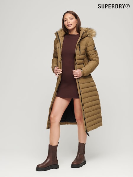 Superdry Brown Faux Fur Hooded Longline Light Padded Puffer Coat (C46057) | €147
