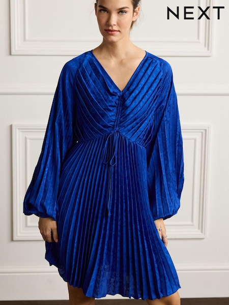 Синий - Pleated Occasion Long Sleeve Mini Dress (C48464) | €41