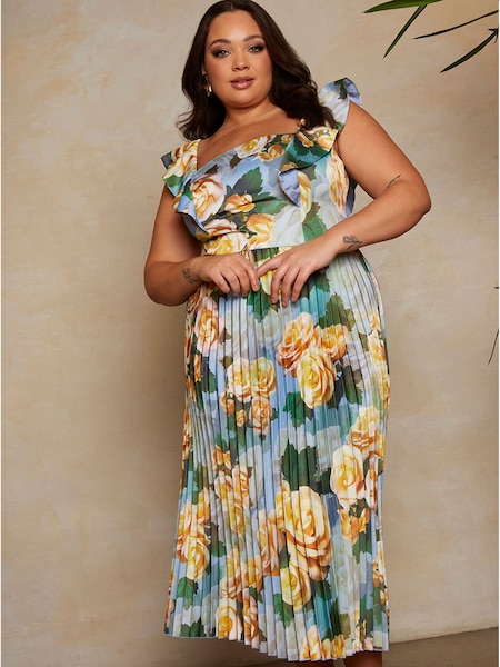 Chi Chi London Blue Curve Ruffle Floral Print Midi Dress (C49126) | AED256