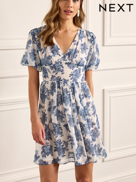 Blue/White Floral Print Lace Tie Back Dress (C49988) | € 34