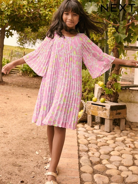 Purple Animal Print Pleated Angel Sleeve Dress (3-16yrs) (C50759) | €20 - €24