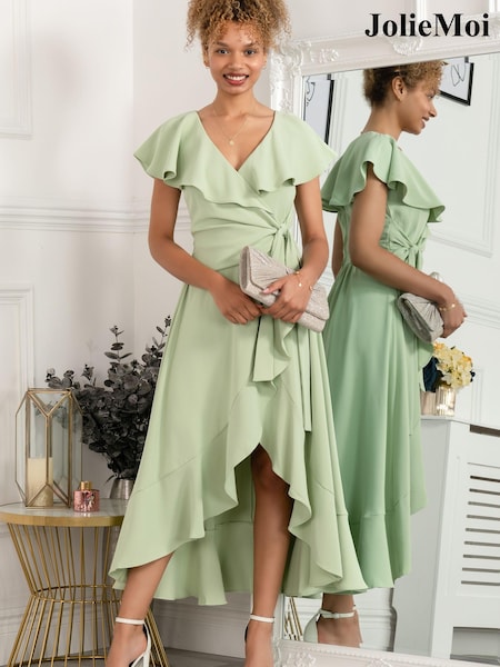 Jolie Moi Green Racele Ruffle Plunging Maxi Dress (C50943) | €44