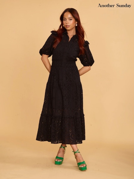 Another Sunday Midi 100% Cotton Shirt Black Dress With Puff Sleeves And Broderie Detail (C51175) | €43