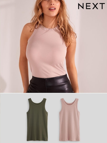 Rose/vert kaki - débardeur racer côtelé à col haut Hauts 2 Lot (C51270) | € 9