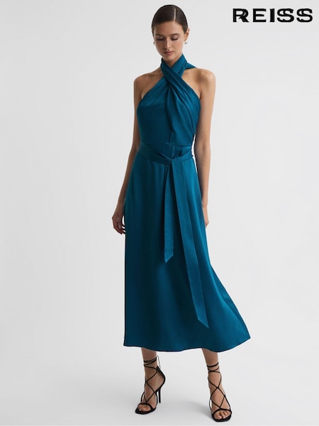 Reiss Teal Vida Satin Halter Neck Fitted Midi Dress (C52401) | €411