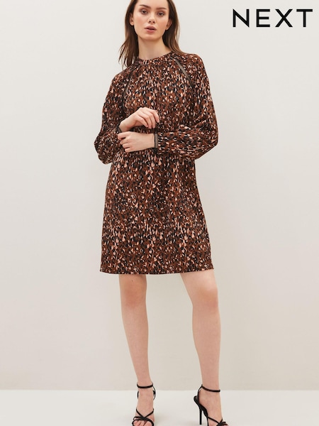 Brown Animal Long Sleeve Lace Trim Mini Dress (C52913) | €20.50