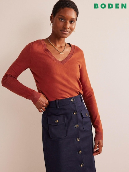 Boden Tan Brown Catriona Cotton V-Neck Jumper (C53044) | €38