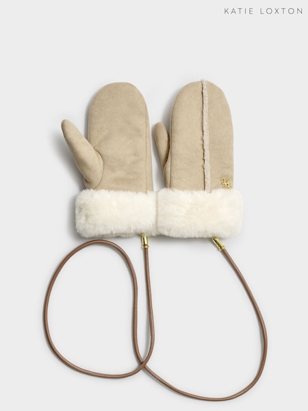 Cream - Katie Loxton Faux Suede Fur Mittens Gloves