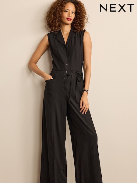 Black Belted Sleeveless Linen Mix Jumpsuit (C53121) | €29