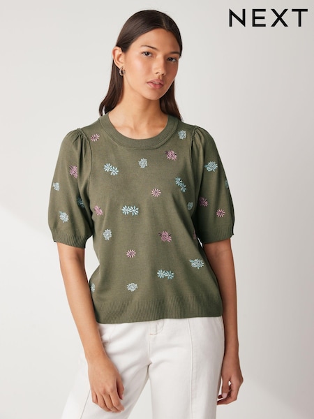 Khaki Green Floral Embroidery Printed Crew Neck Short Sleeve Knitted Top (C53228) | €16