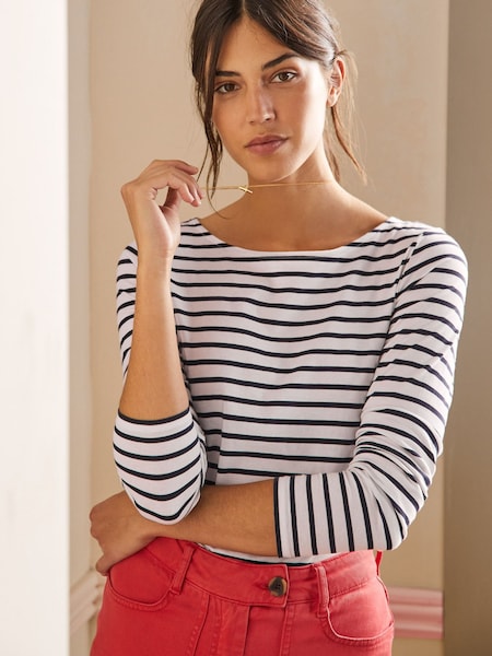 أبيض - Boden 100% Cotton Long Sleeve Breton Top (C53633) | ‏81 د.إ.‏