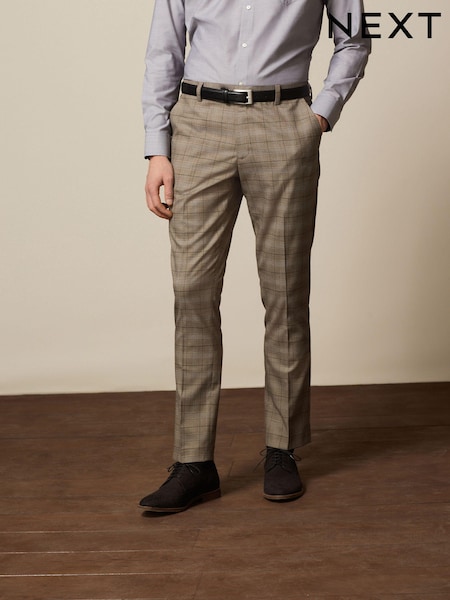 Taupe Brown Slim Trimmed Check Trousers (C53714) | €7