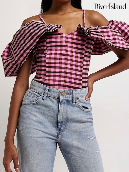 River Island Bright Pink Check Taffetta Bardot Blouse (C53848) | €21.50