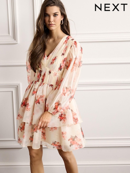 Cream Floral Print Long Sleeve Tiered Mini Dress (C53945) | € 26