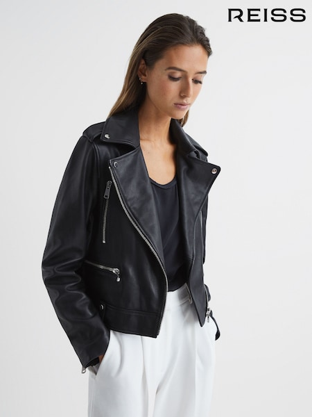 Reiss Black Santiago Leather Biker Jacket (C54565) | €170