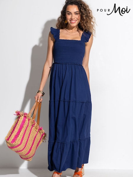 כחול כהה - Pour Moi Lucy 100% Cotton Poplin Tiered Maxi Dress (C54689) | ‏262‏₪