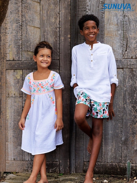 Sunuva 100% Cotton Vintage Stitch Peruvian Short Sleeve White Dress (C55523) | ‏10 ر.ع.‏ - ‏11 ر.ع.‏