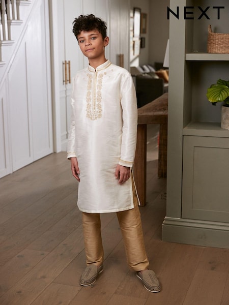 Цвета слоновой кости кремово-золотистого цвета - Embroidered Boys Kurta (3-16yrs) (C56309) | €12 - €15