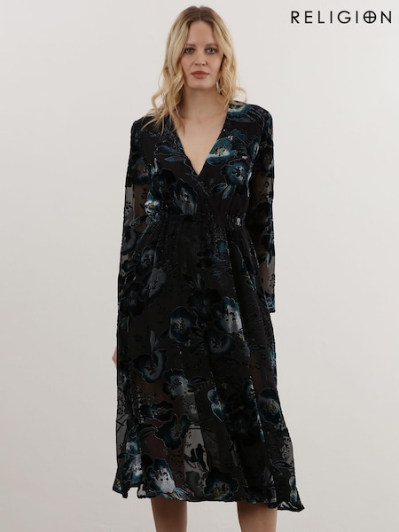 Religion Black Lux Velvet Midi Wrap Dress In Burn Out Floral Fabric (C56901) | €46
