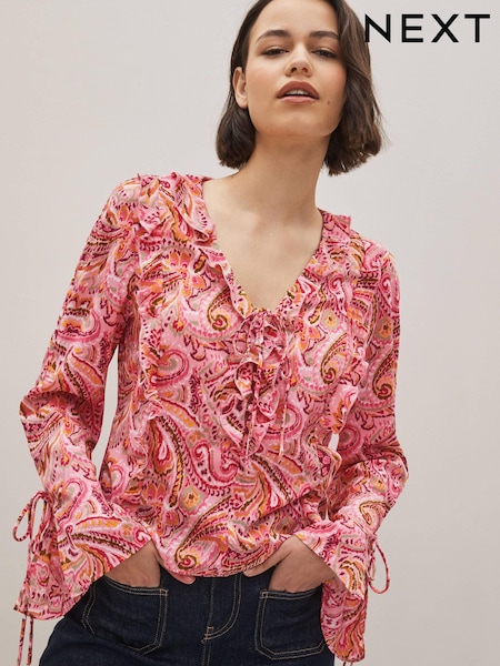 Rosa geblümt - Ruffle Tie Front Long Sleeve Top (C58189) | 23 €