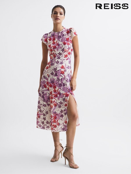 Reiss Pink/Purple Livia Printed Cut Out Back Midi Dress (C58678) | €45