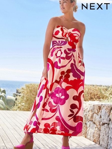 Pink Swirl Tie Front Strappy Midi Dress With Linen (C58712) | €30