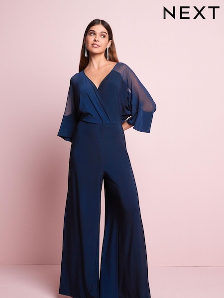 Navy Blue Woven Mix Short Sleeve Jumpsuit (C59236) | €25