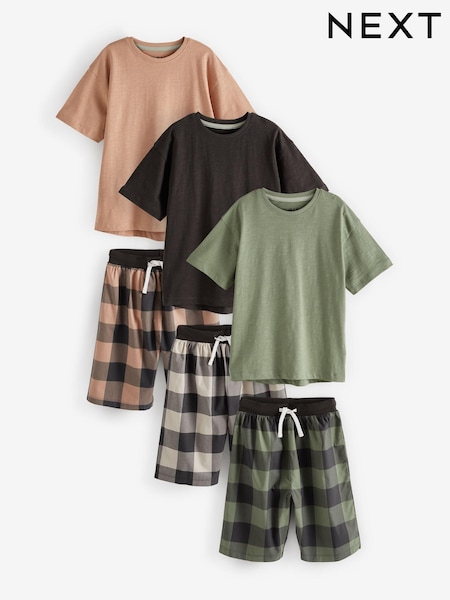 Schwarz/Khaki/Blush - 3 Pack 100% Cotton Woven Check Short Pyjamas (3-16yrs) (C59241) | 28 € - 35 €