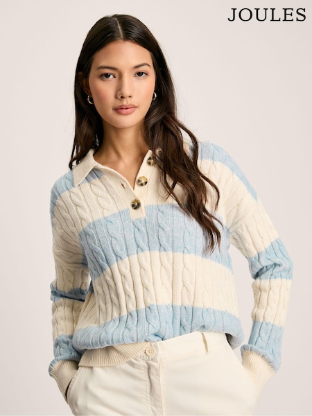 Joules Love All Blue Cable Knit Jumper with Button Collar (C59696) | €54.50