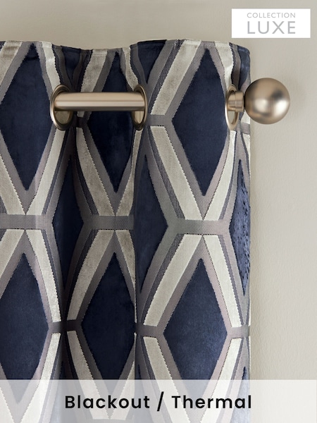 Navy Blue Collection Luxe Heavyweight Geometric Cut Velvet Blackout/Thermal Eyelet Curtains (C59731) | R$ 1,910 - R$ 3,625