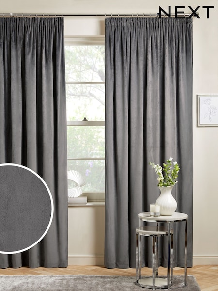 Grey Charcoal Matte Velvet Pencil Pleat Super Thermal Curtains (C60128) | €33 - €98