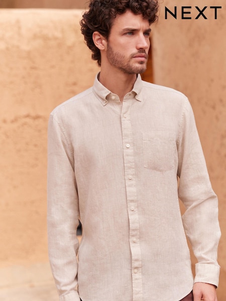 Neutral Brown Slim Fit Single Cuff Signature Baird McNutt Irish 100% Linen Trimmed Shirt (C60378) | €24