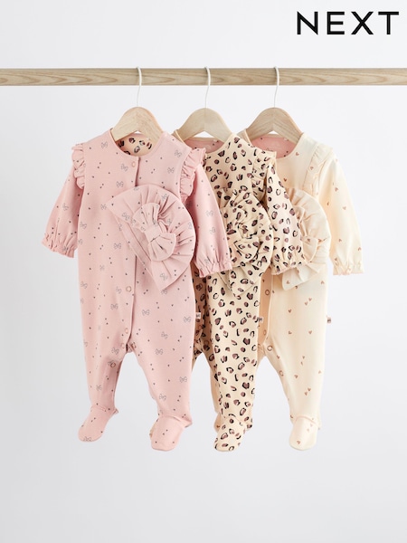Pink Baby 100% Cotton Sleepsuits 3 Pack with Matching Turban (0mths-2yrs) (C60567) | €14 - €15