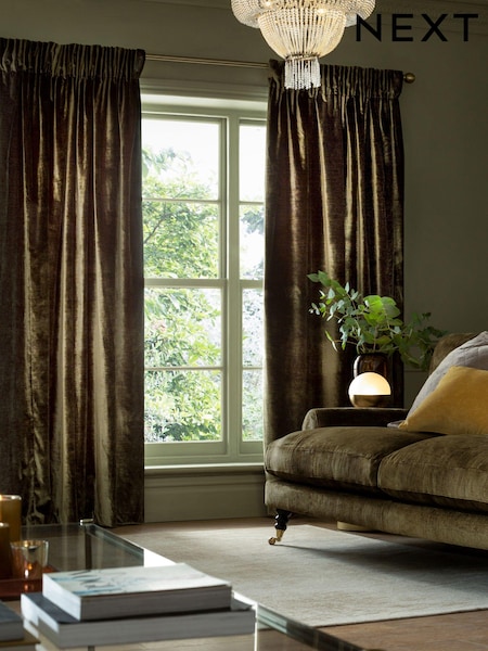 Olive Green Collection Luxe Heavyweight Lined Plush Velvet Pencil Pleat Curtains (C61051) | AED324 - AED728