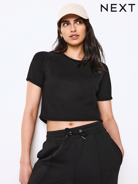 Black 100% Cotton Roll Edge Knitted T-Shirt (C61380) | €8