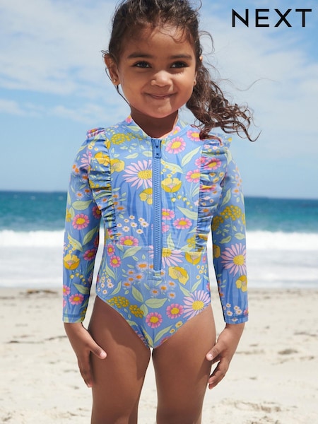 Blau - Long Sleeve Frill Shoulder Sunsafe Swimsuit (C61431) | 14 € - 18 €