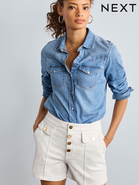 White Stripe Gold Button Detail Denim Shorts (C61663) | € 10