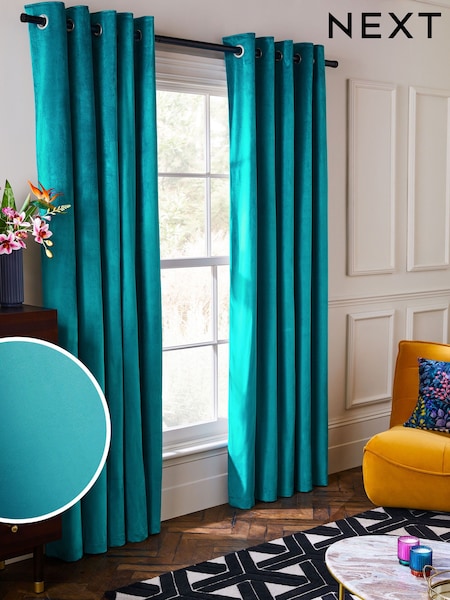 Blue Teal Matte Velvet Blackout/Thermal Eyelet Curtains (C61680) | €25 - €67